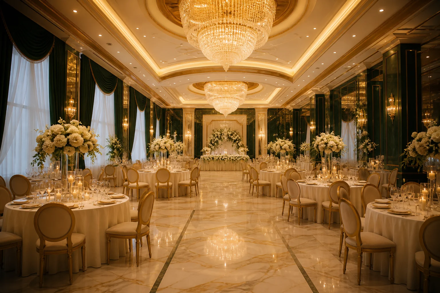 Elegant banquet hall set for a celebration